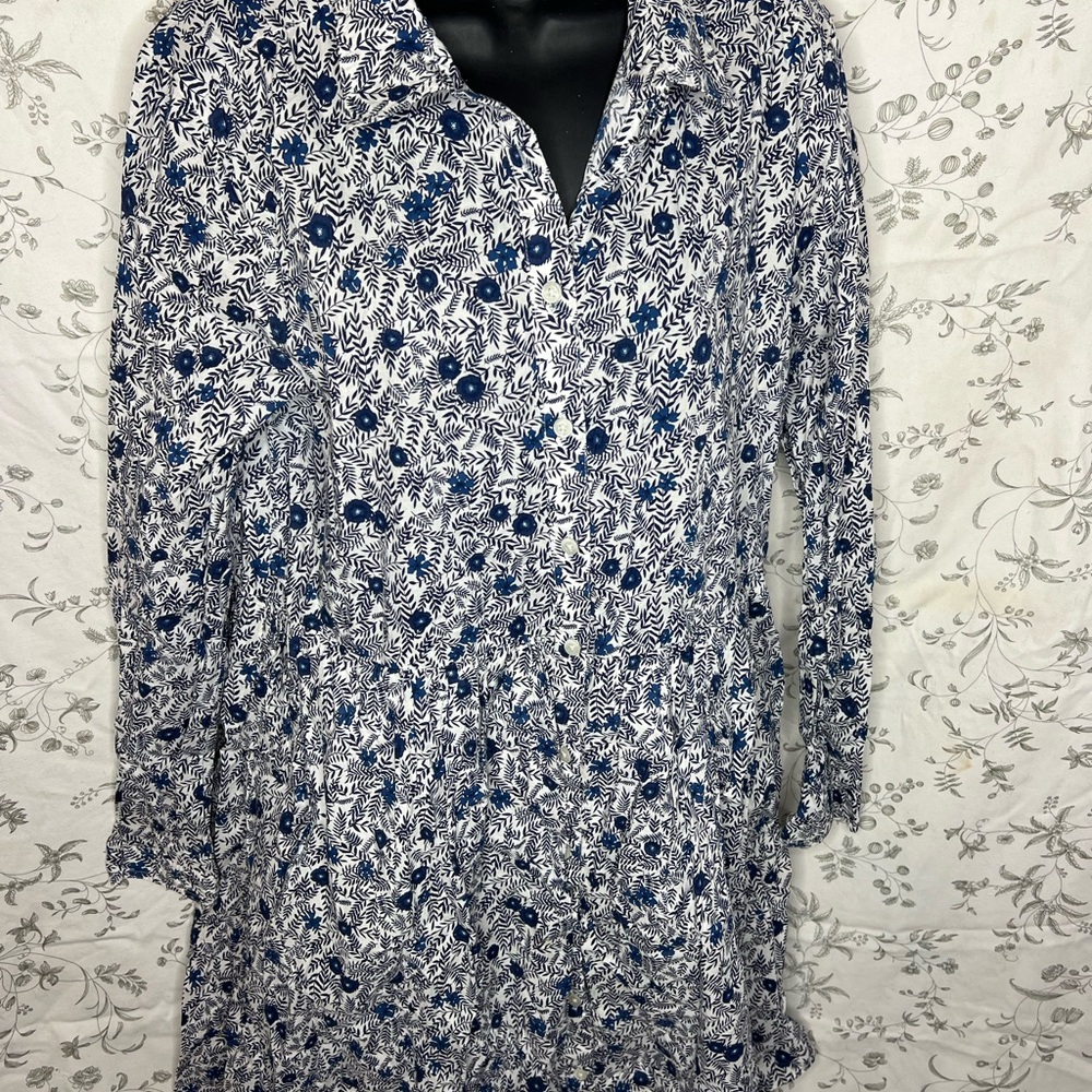 J. Crew White Blue Floral Printed Long Sleeve Cotton Mini Shirtdress Size 14